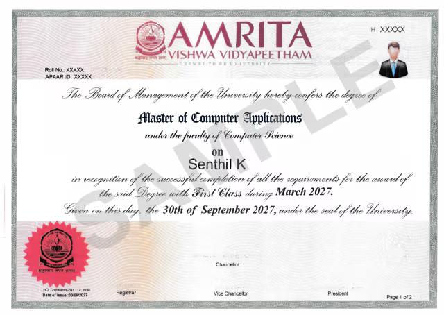 Sample Degree Certificate