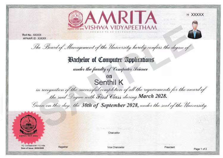 Sample Degree Certificate